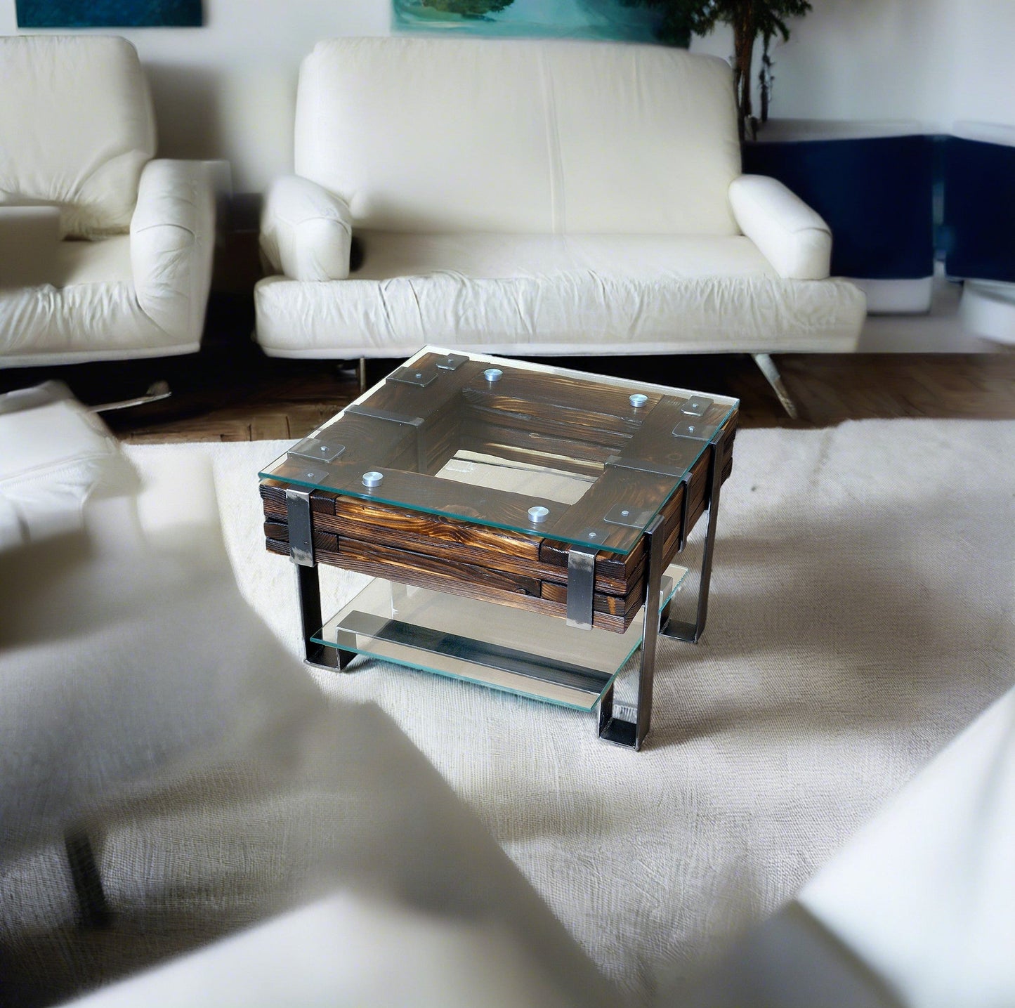 CHYRKA® Tavolino LL tavolo da salotto LEMBERG Loft Vintage Legno fatto a mano in metallo vetro